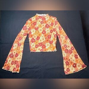 Women's Long Sleeve Mesh Bell Crop Top Floral Print See Through